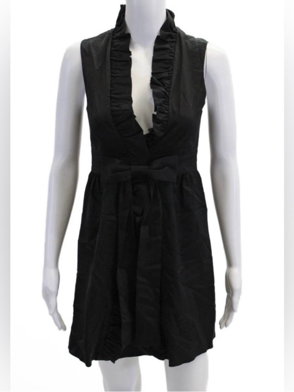 ALICE + OLIVIA Black Deep V-Neck Ruffle Trim Mini Dress - Size Small - MSRP $395